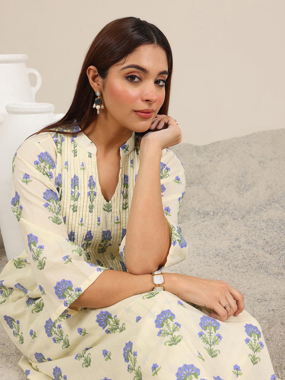 Off White Printed Pure Cotton Straight Kurta Set