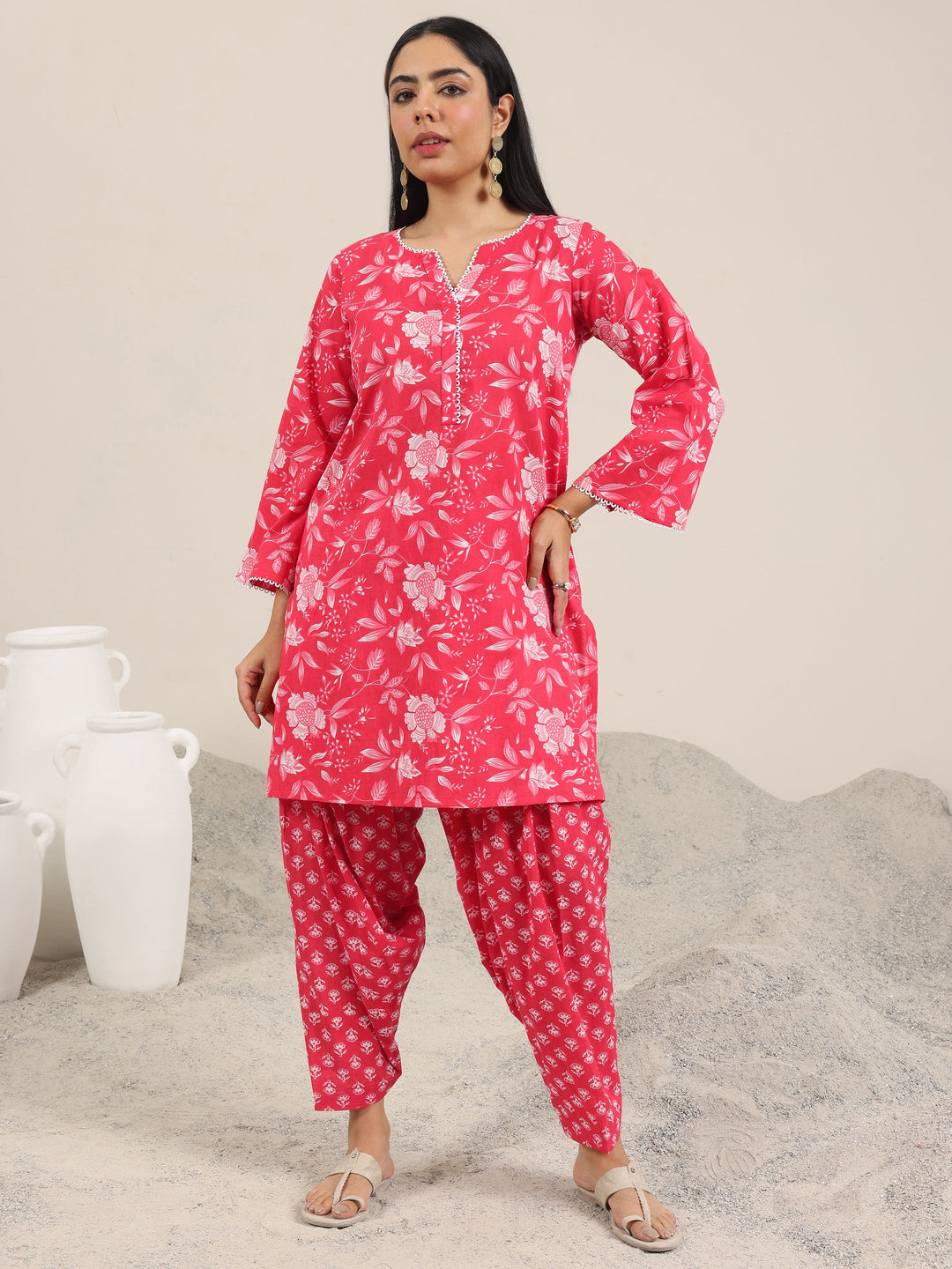  Pink Printed Pure Cotton Straight Kurta Set 