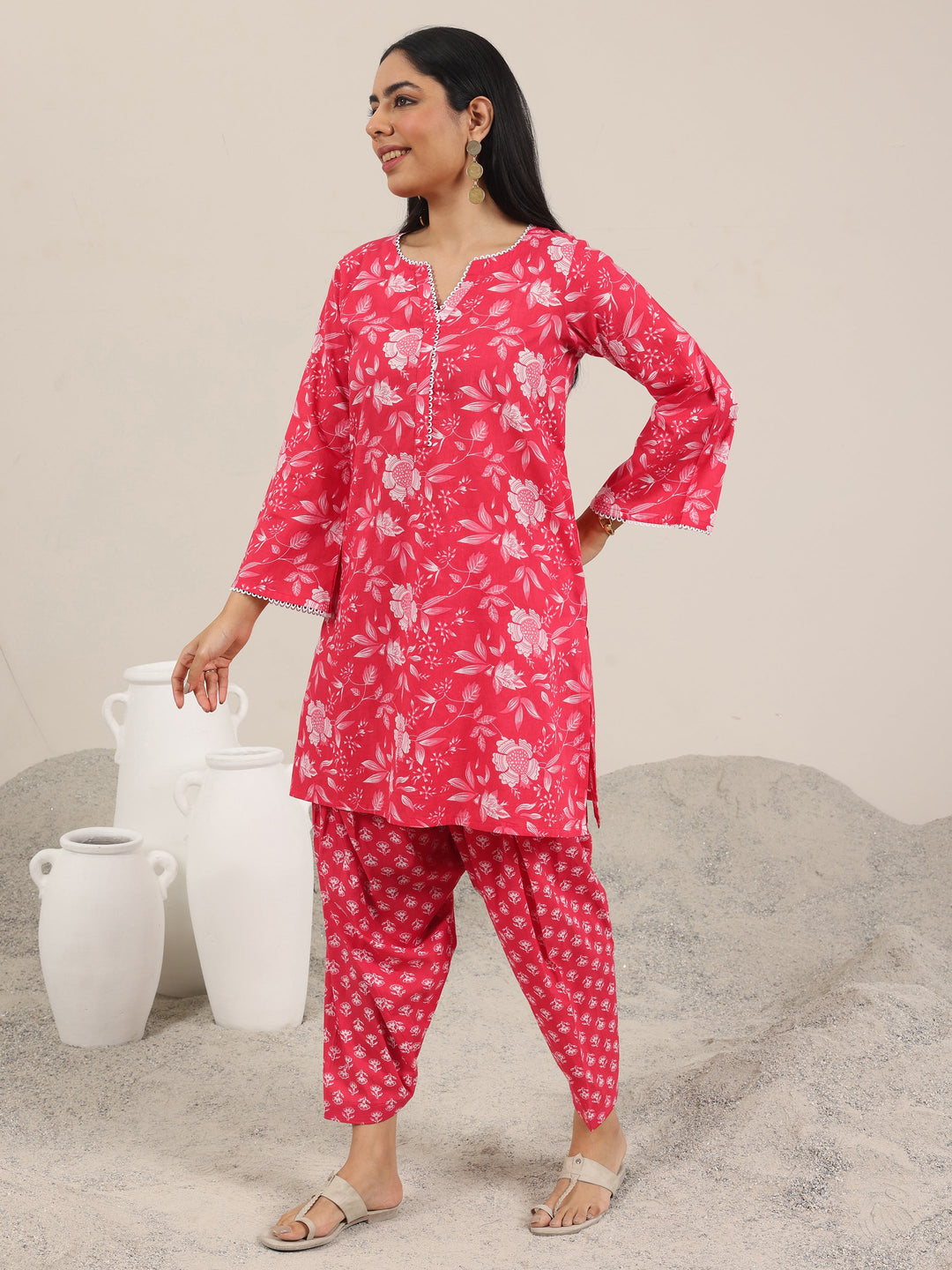 Pink Printed Pure Cotton Straight Kurta Set 