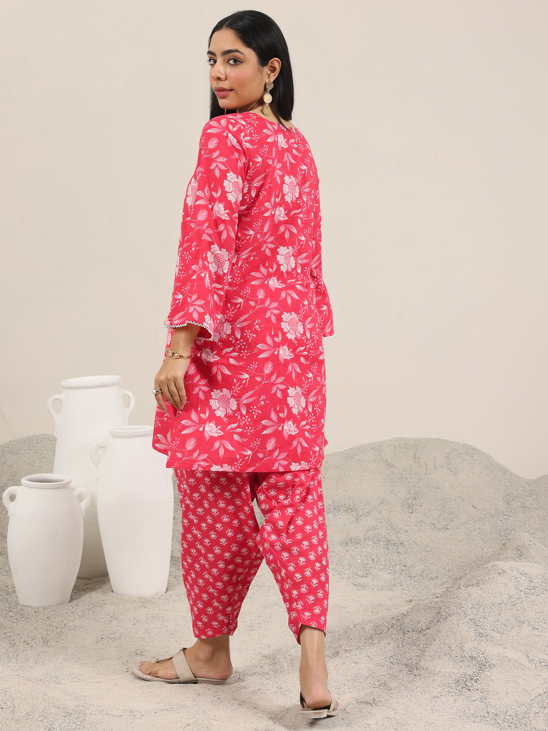 Pink Printed Pure Cotton Straight Kurta Set 