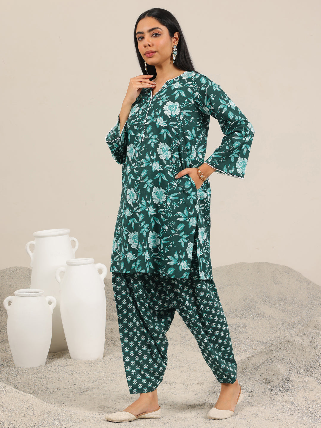  Green Printed Pure Cotton Straight Kurta Set 