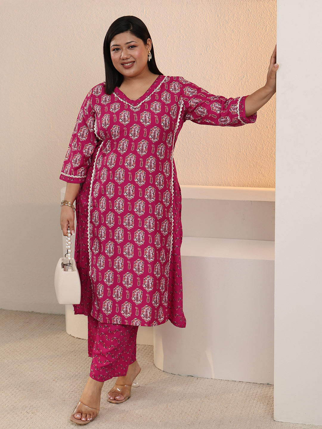 Plus Size Pink Printed Cotton Straight Kurta Set