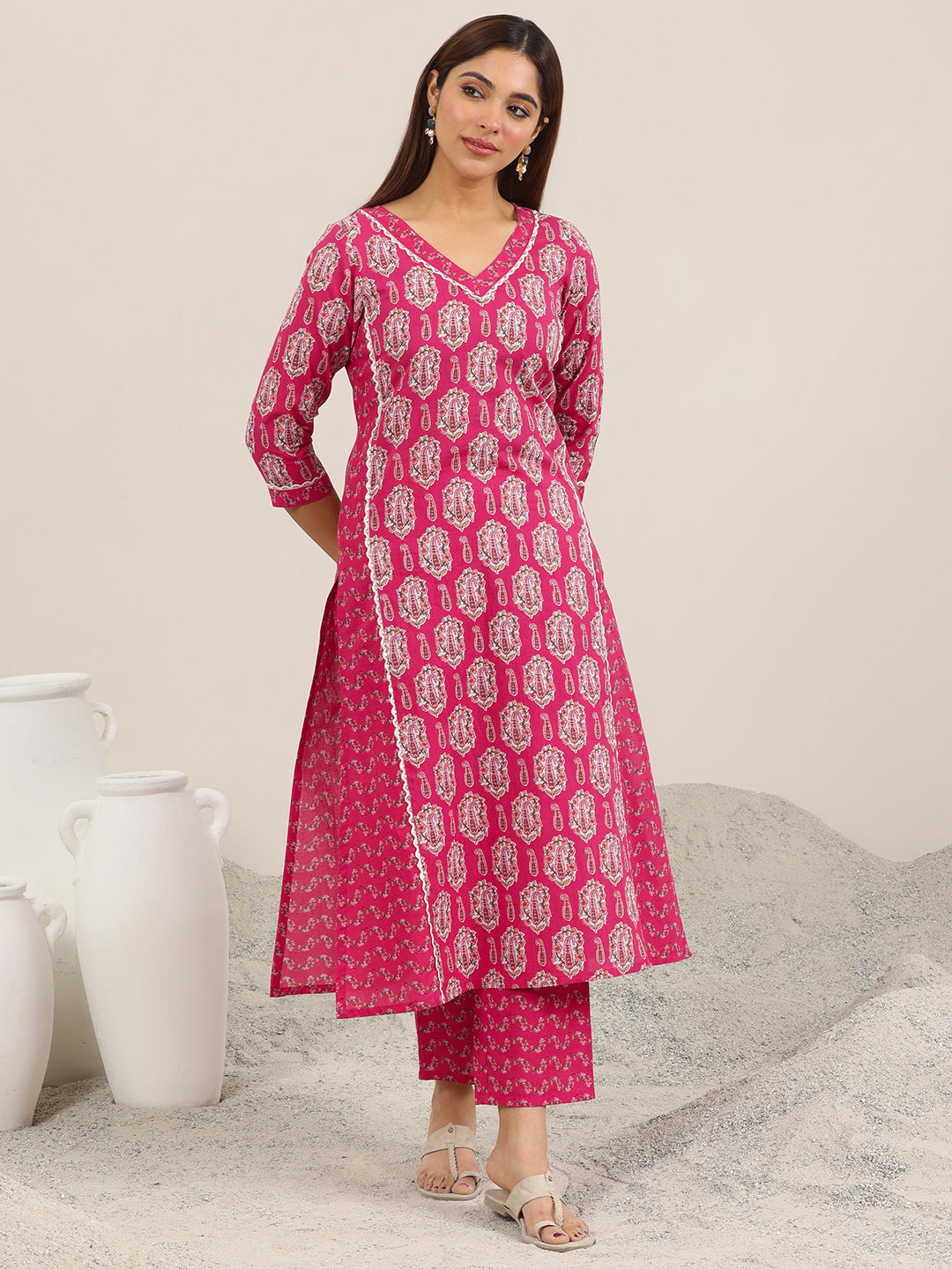  Pink Printed Pure Cotton Straight Kurta Set 