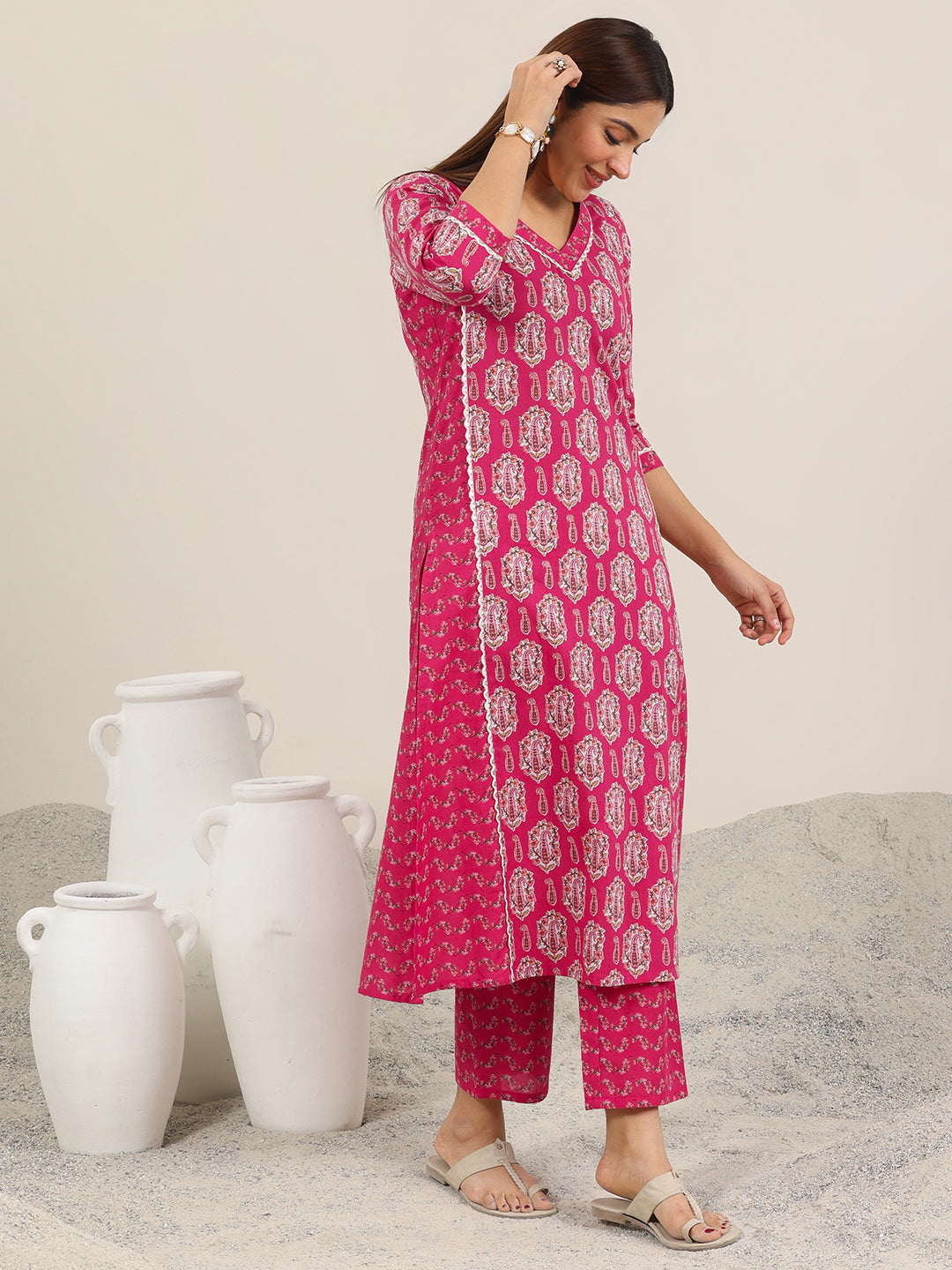  Pink Printed Pure Cotton Straight Kurta Set 