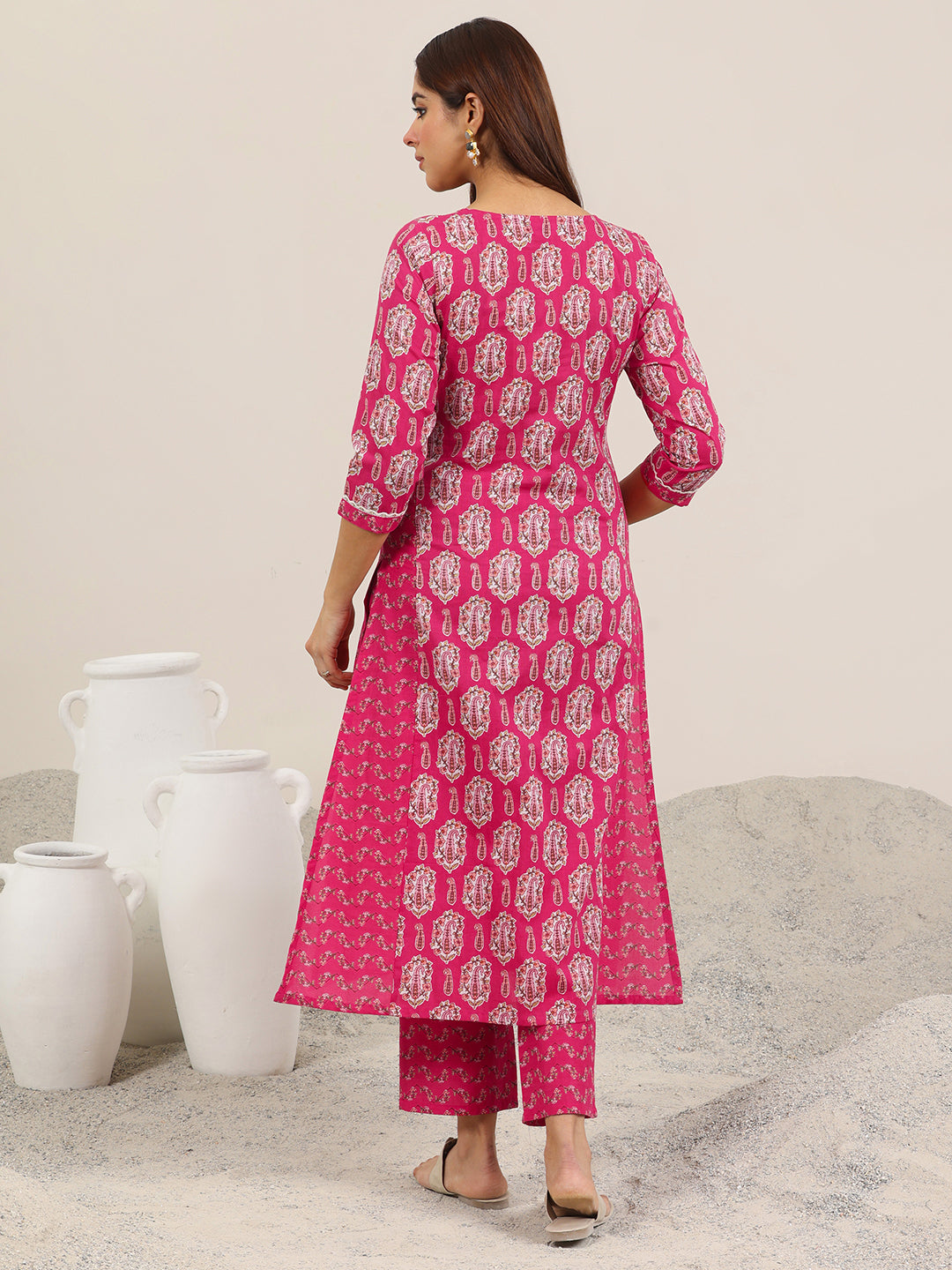  Pink Printed Pure Cotton Straight Kurta Set 