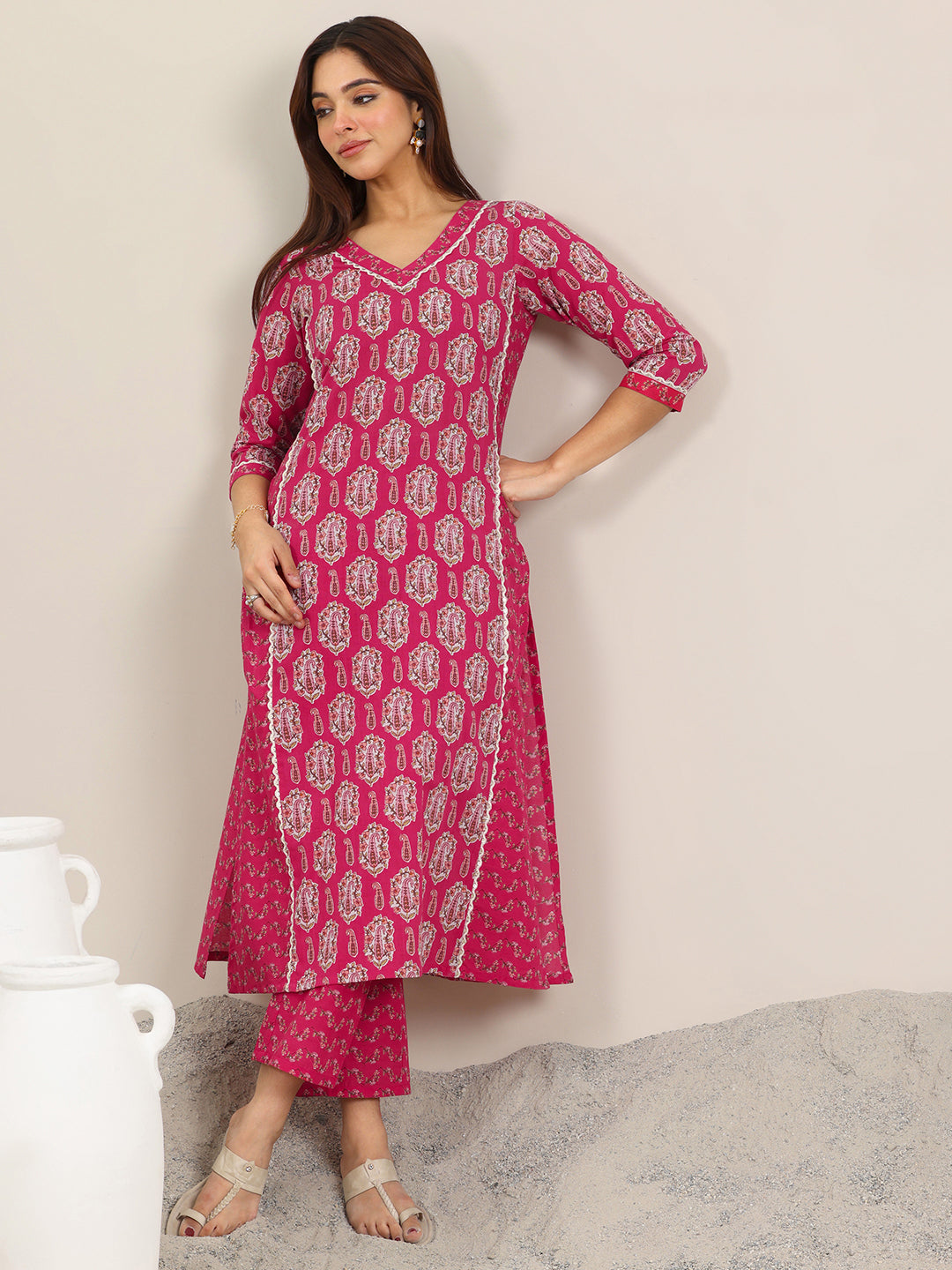  Pink Printed Pure Cotton Straight Kurta Set 