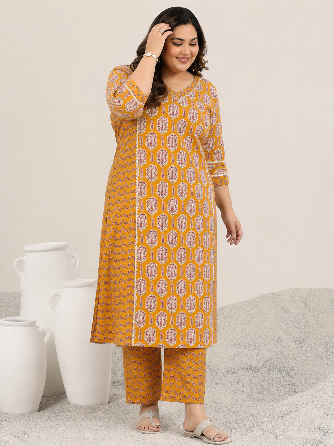  Plus Size Mustard Printed Cotton Straight Kurta Set 