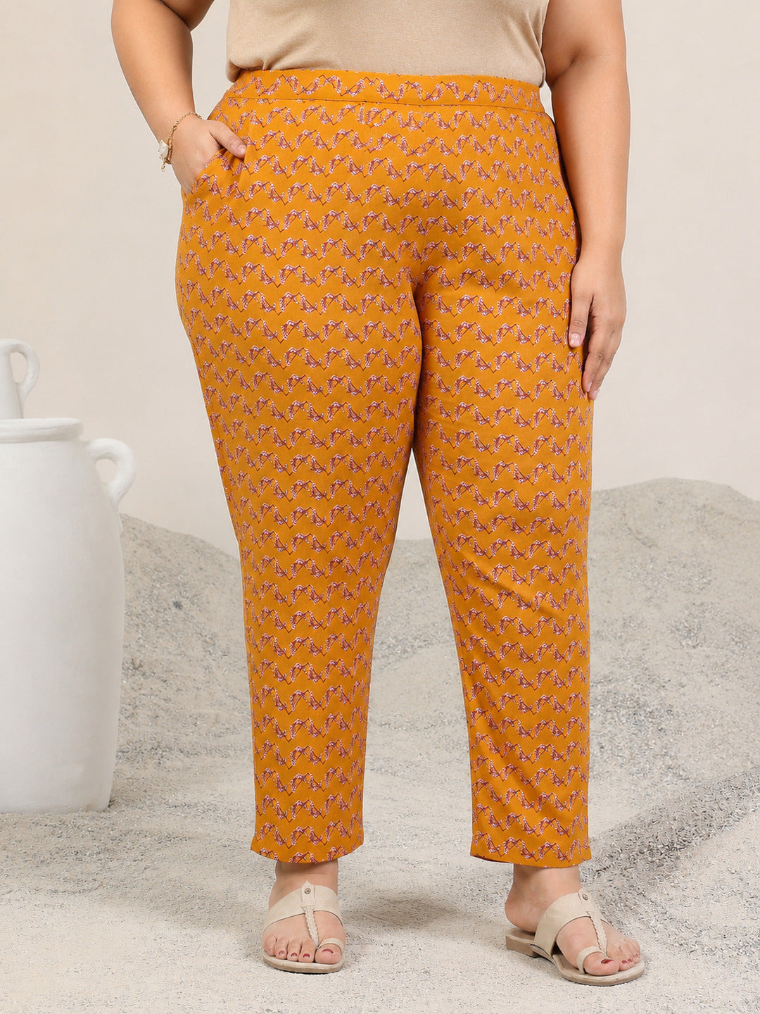  Plus Size Mustard Printed Cotton Straight Kurta Set 