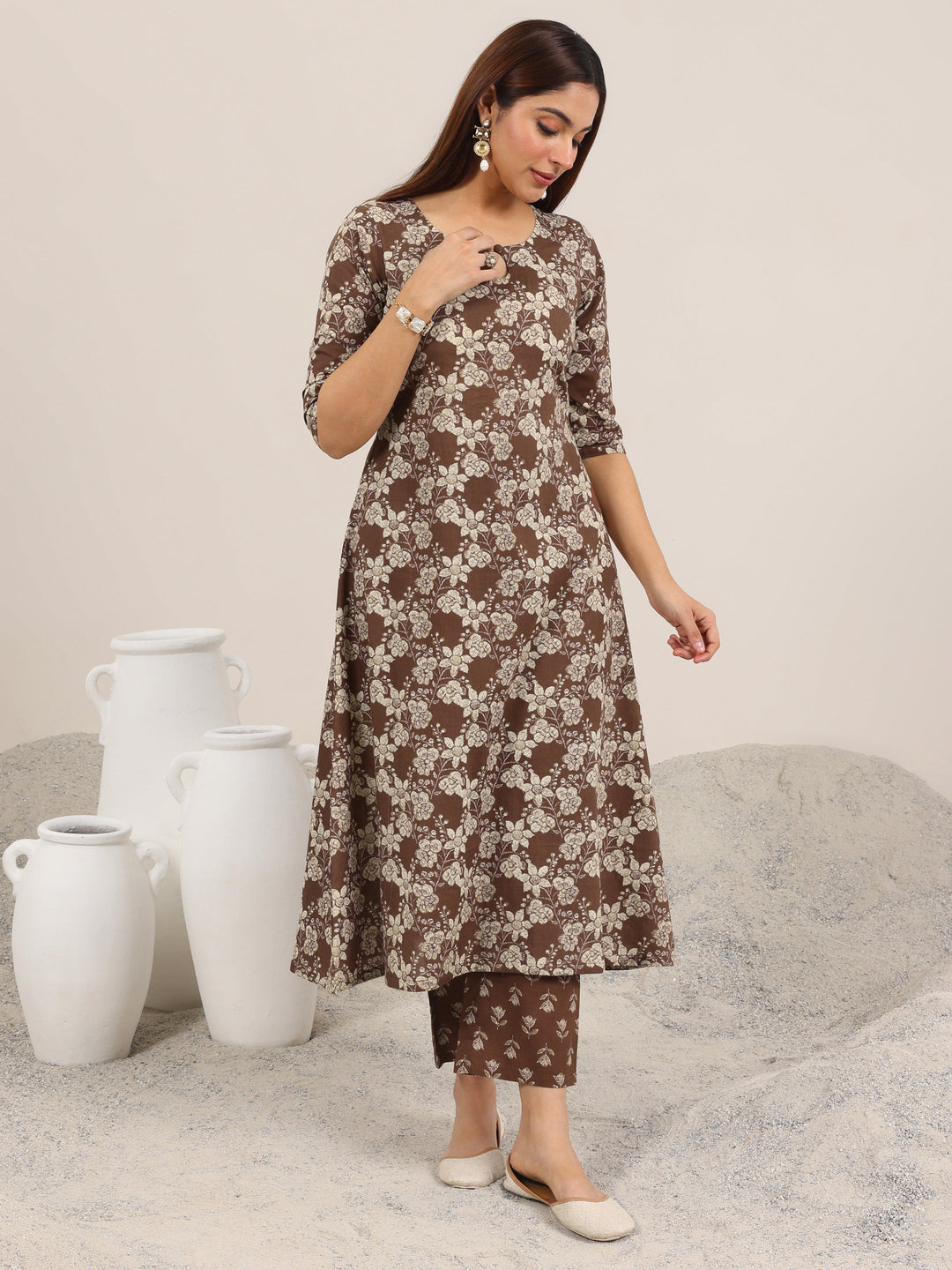  Brown Printed Pure Cotton Straight Kurta Set 