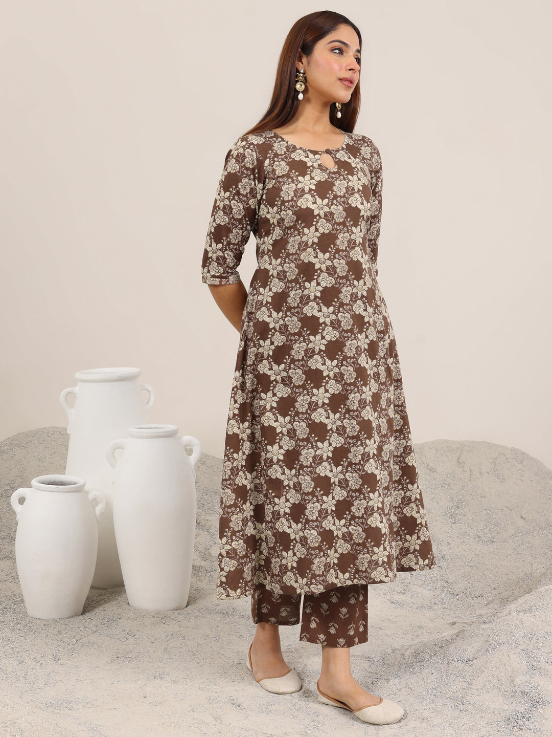  Brown Printed Pure Cotton Straight Kurta Set 