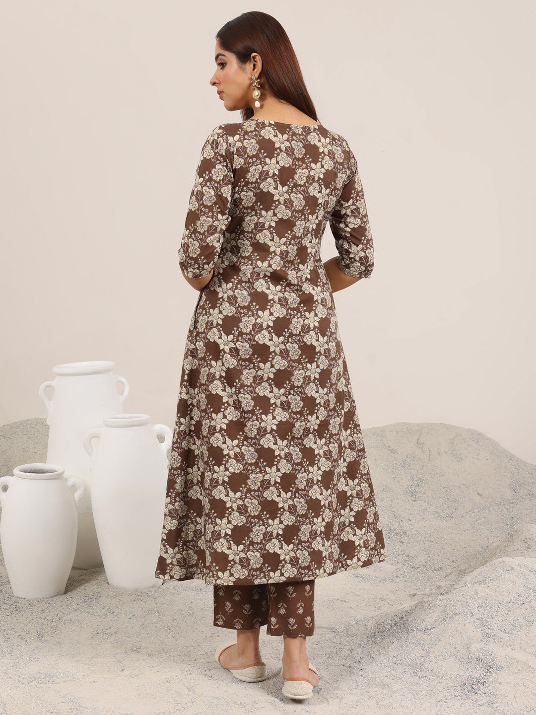  Brown Printed Pure Cotton Straight Kurta Set 