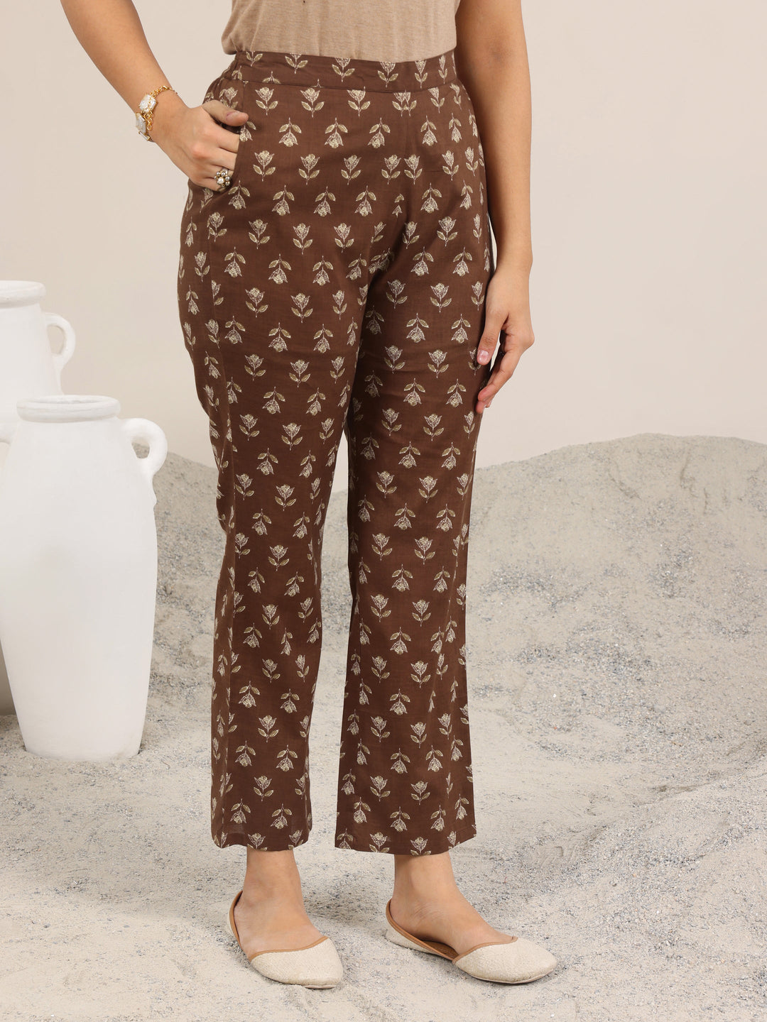  Brown Printed Pure Cotton Straight Kurta Set 