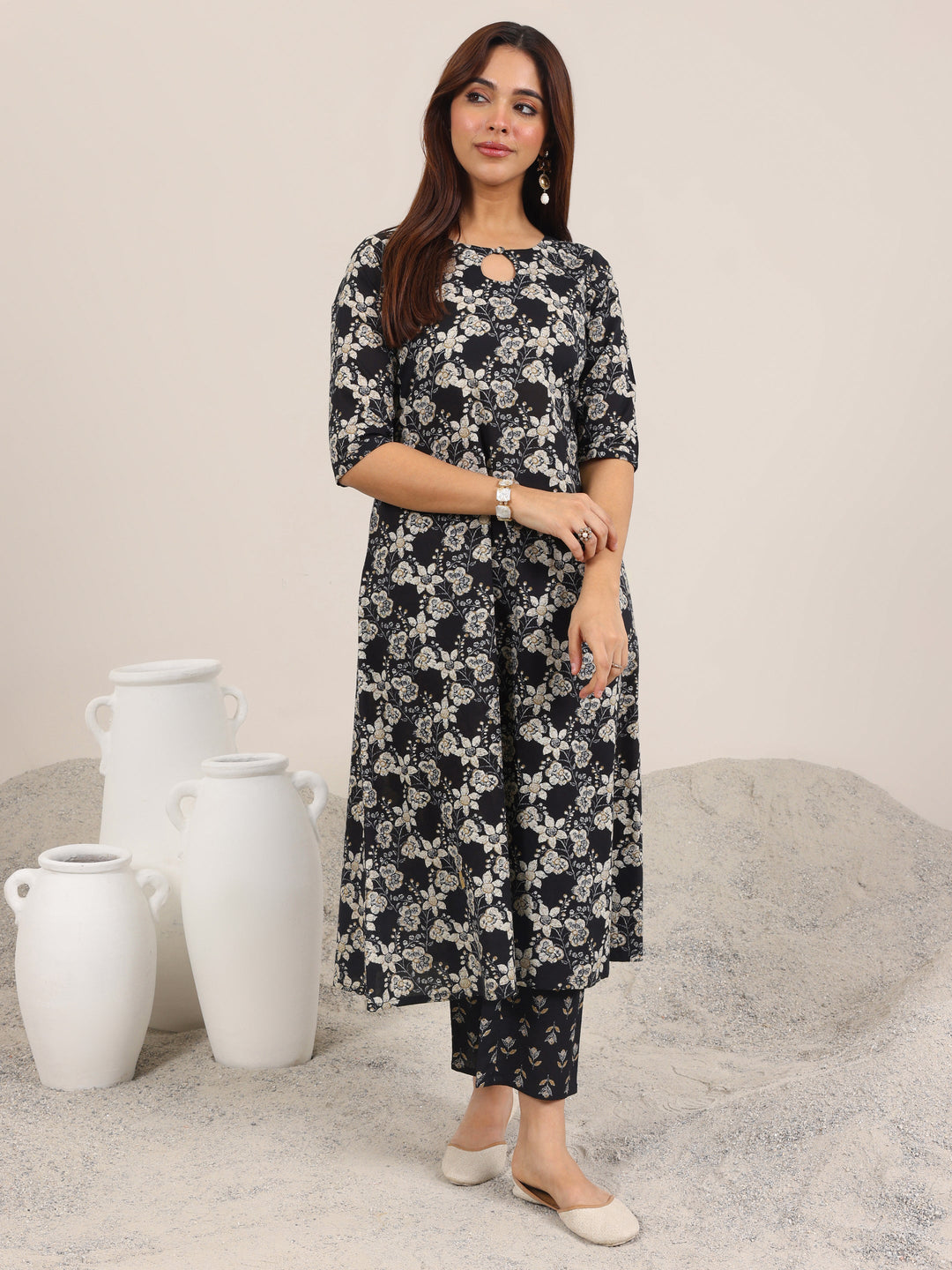  Black Printed Pure Cotton Straight Kurta Set 