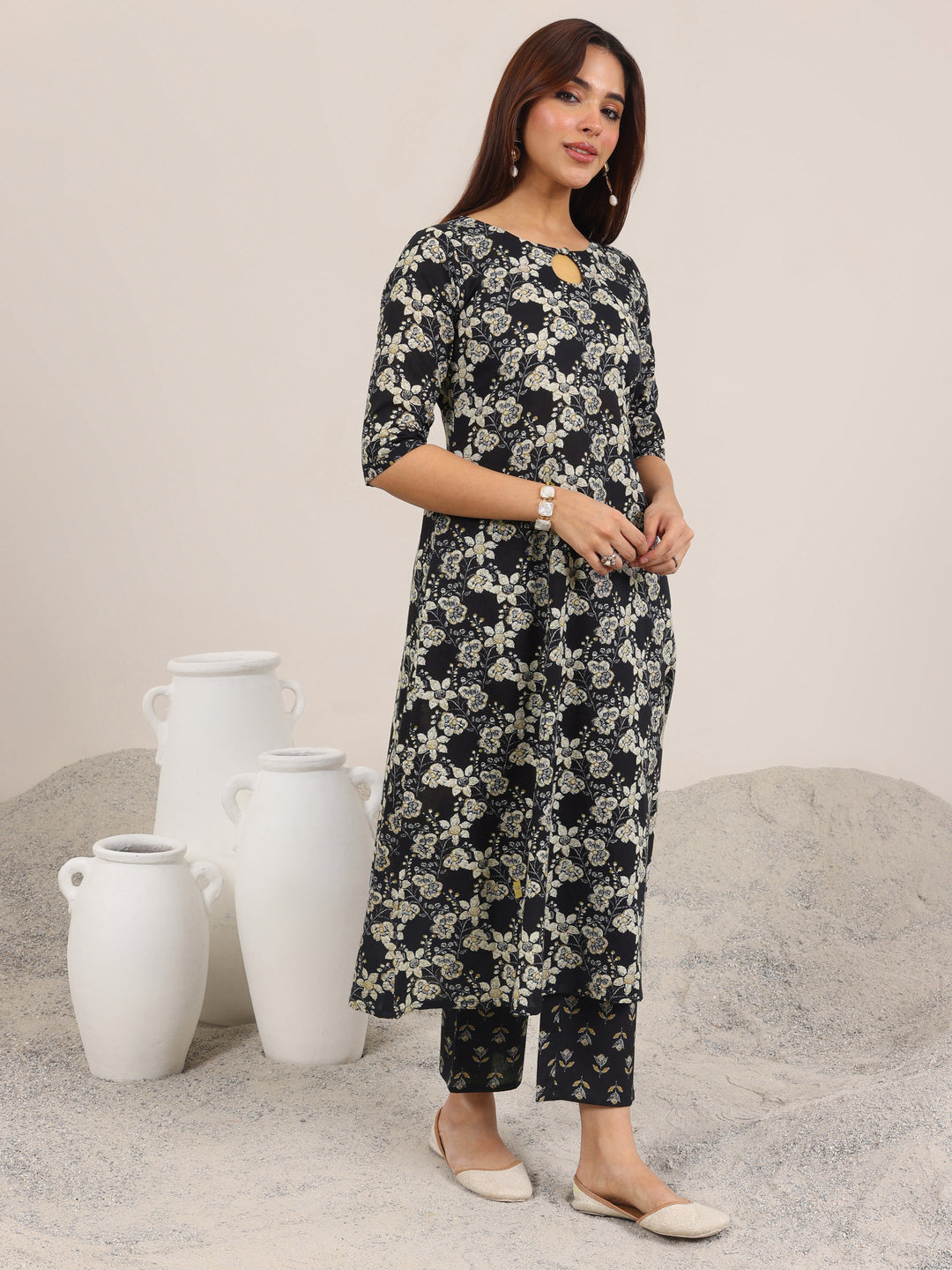  Black Printed Pure Cotton Straight Kurta Set 