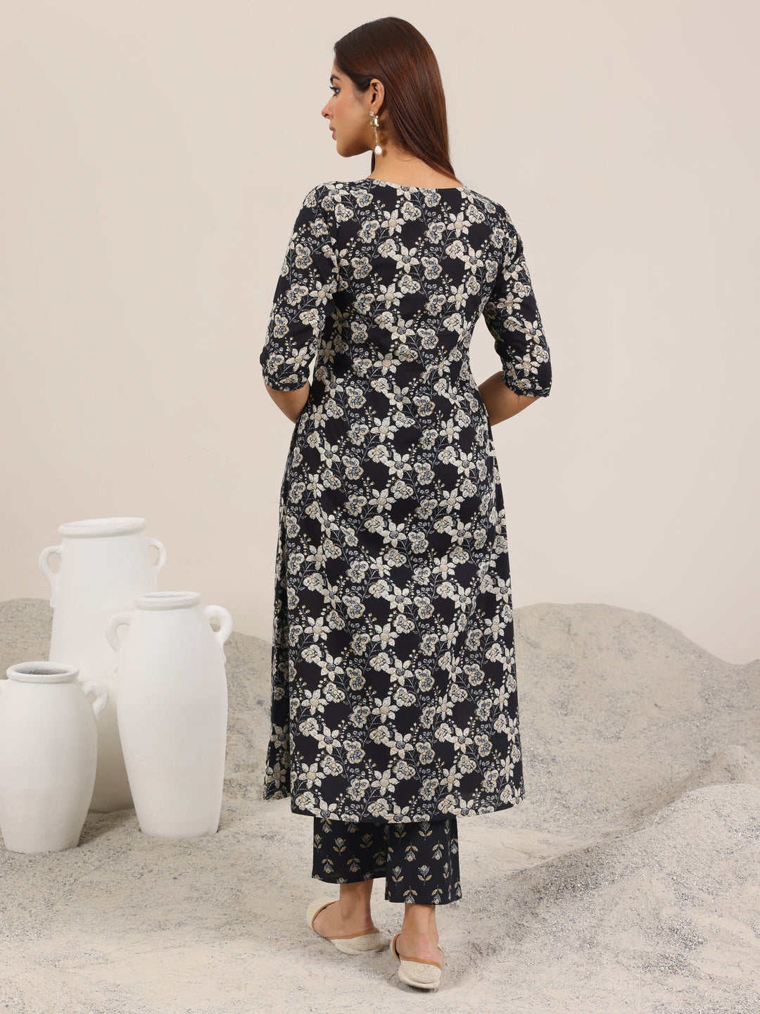  Black Printed Pure Cotton Straight Kurta Set 