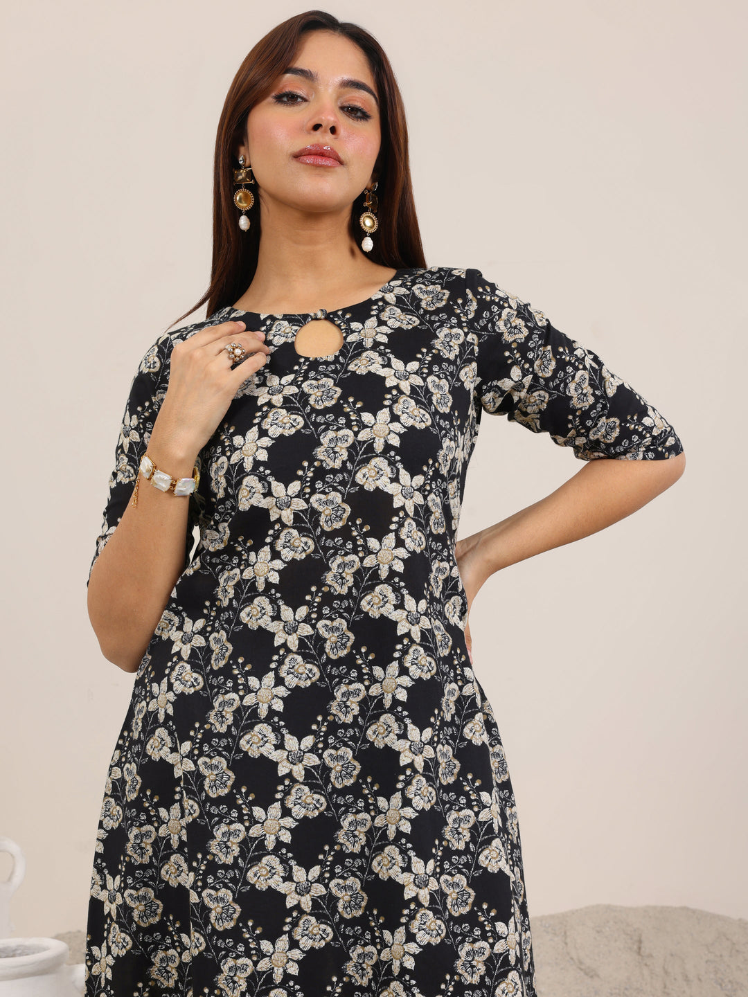  Black Printed Pure Cotton Straight Kurta Set 