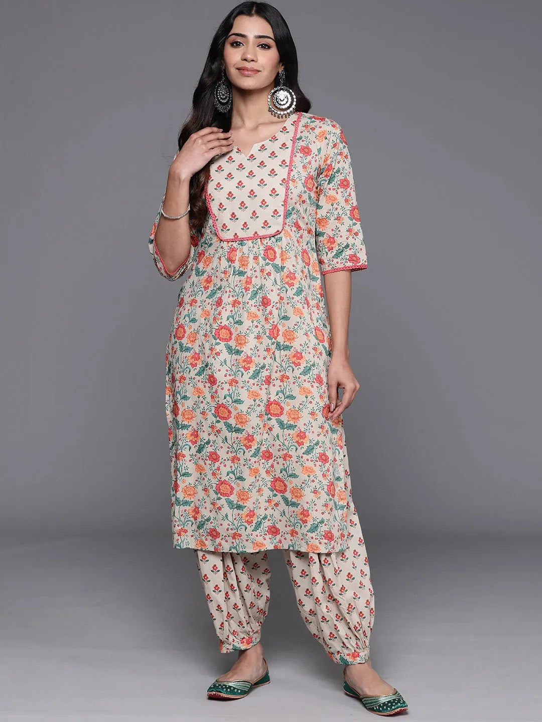  Beige Printed Cotton Straight Kurta Set 