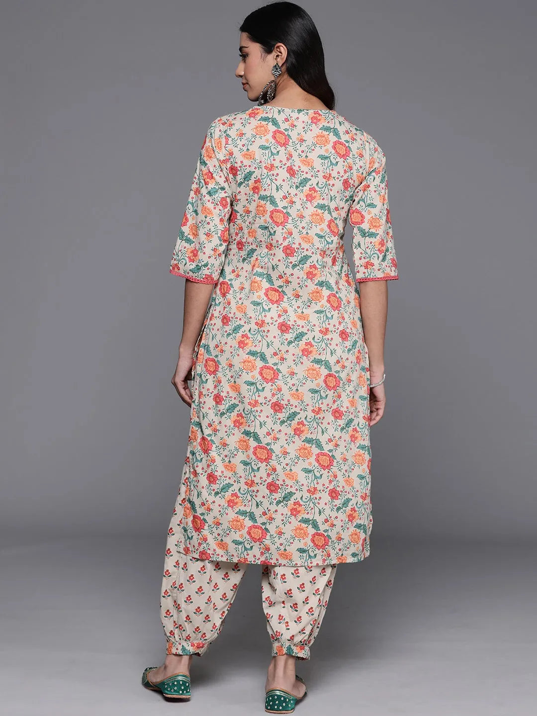  Beige Printed Cotton Straight Kurta Set 