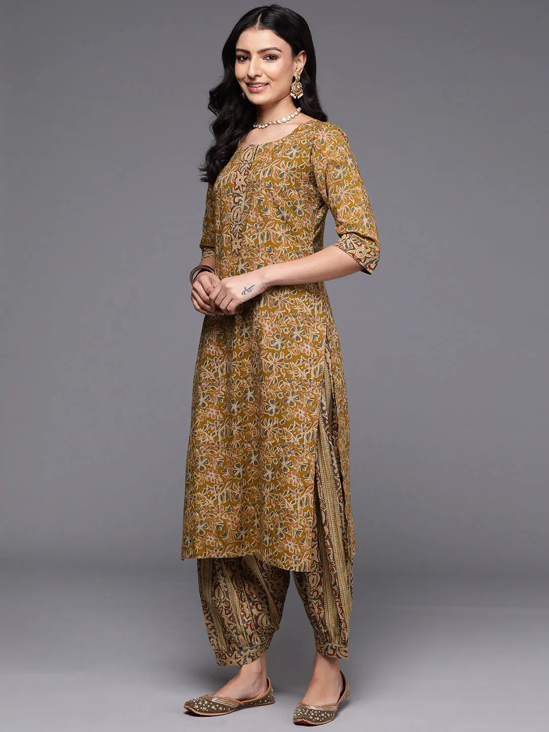  Mustard Printed Cotton Straight Suit With Dupatta 