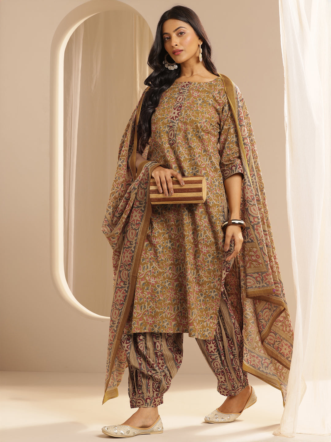 Mustard Printed Cotton Straight Suit With Dupatta