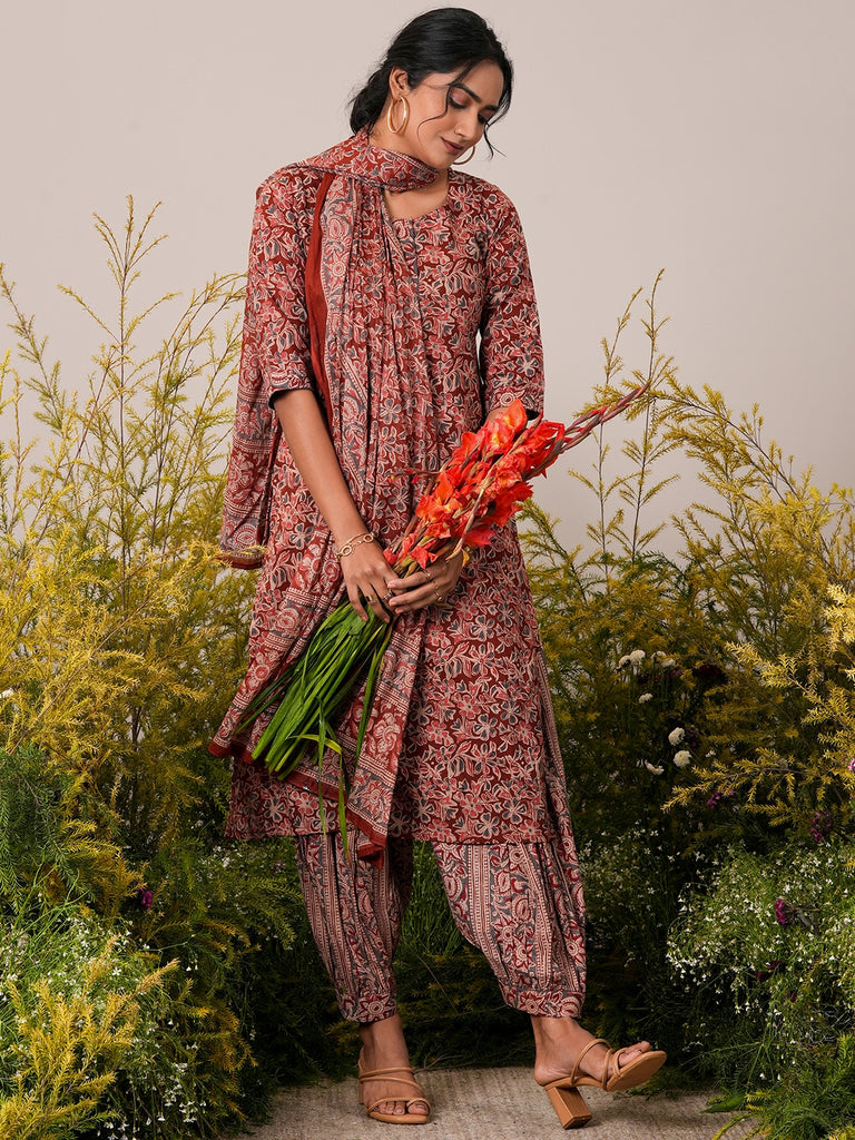 Libas Rust Printed Pure Cotton Straight Suit Set With Dupatta