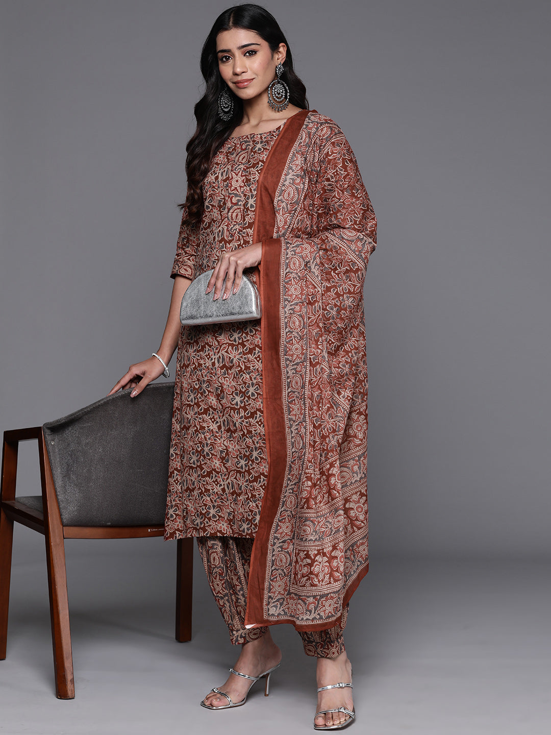  Rust Printed Pure Cotton Straight Suit Set With Dupatta 