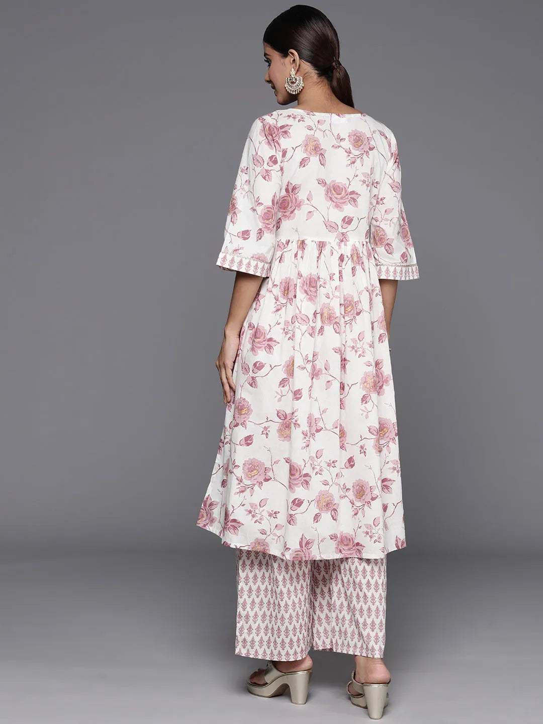  Off White Printed Cotton Anarkali Kurta Set 