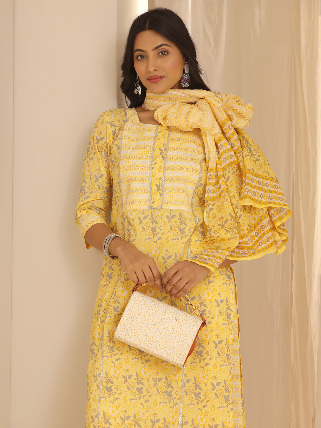 Yellow Printed Cotton Straight Suit With Dupatta