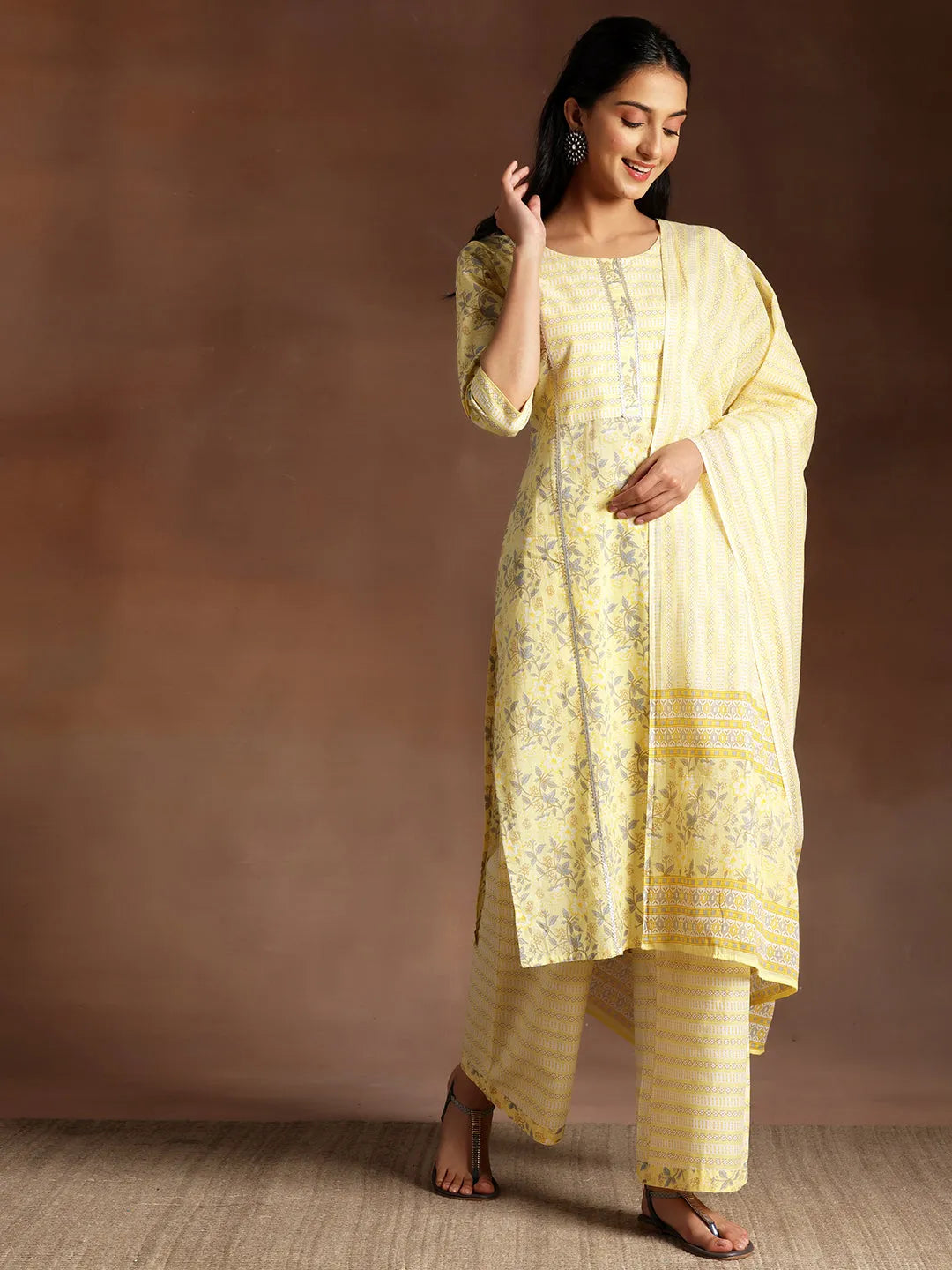  Yellow Printed Cotton Straight Suit With Dupatta 