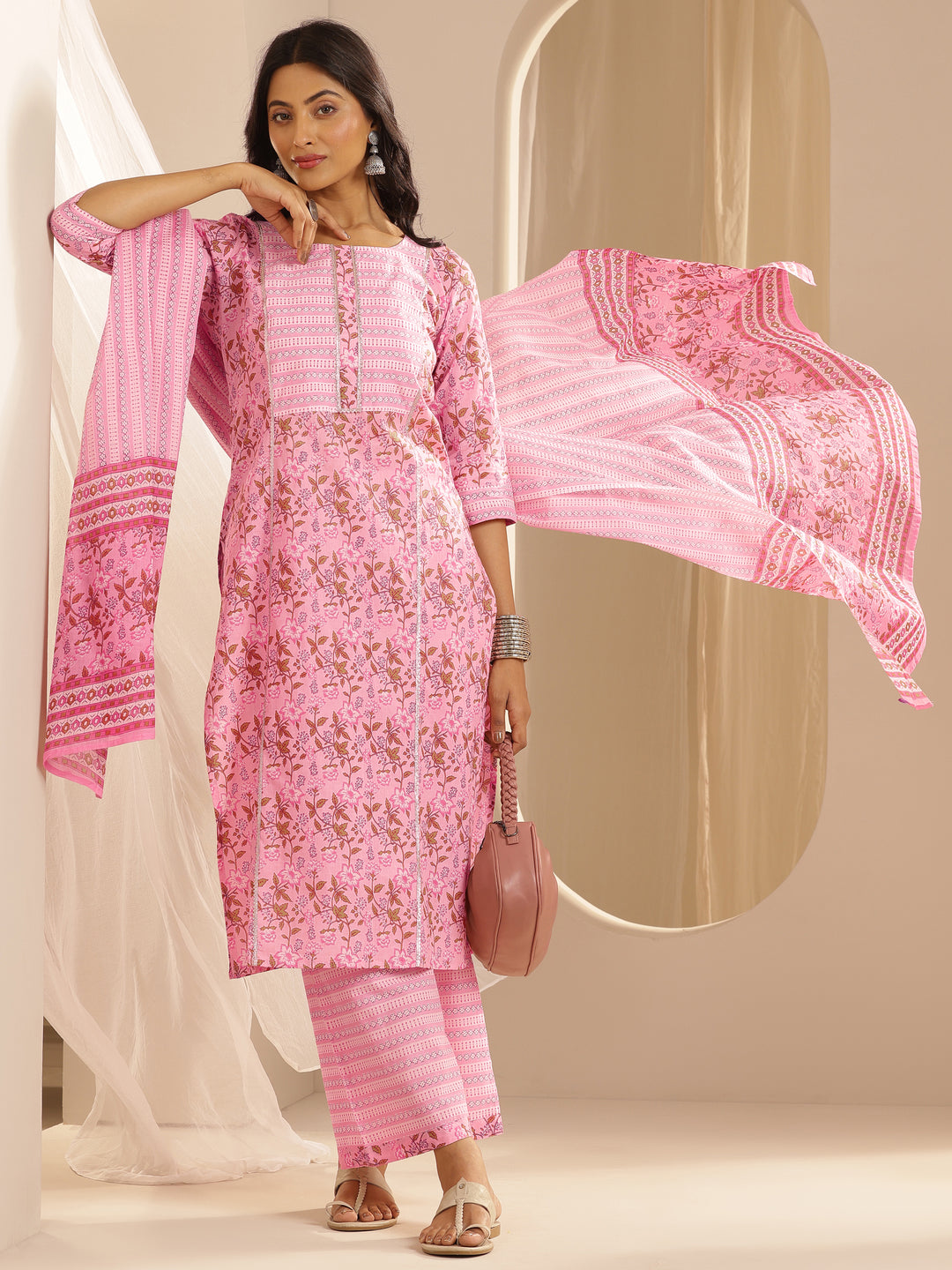 Pink Yoke Design Cotton Straight Suit With Dupatta