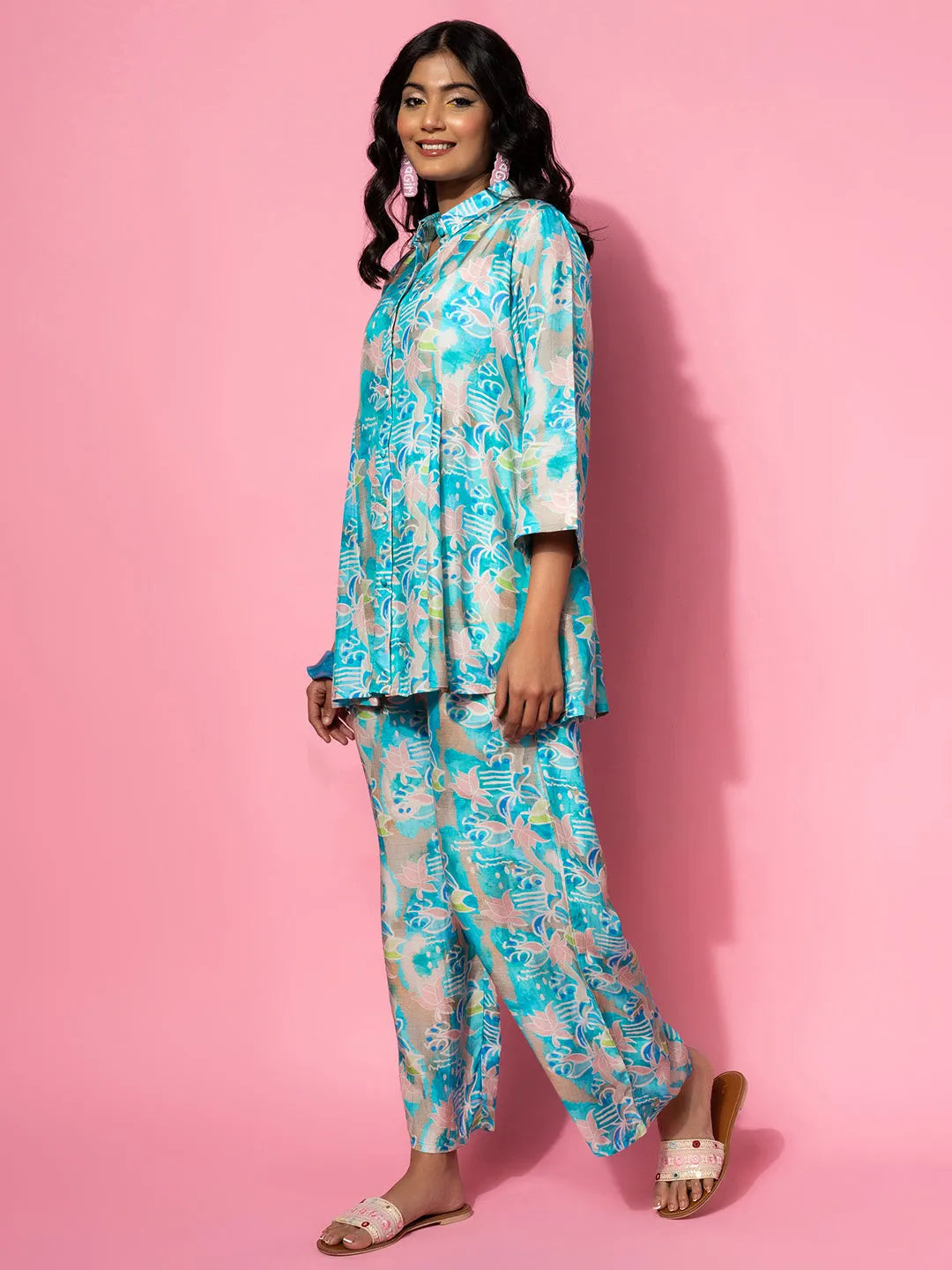  Blue Printed Silk Blend Co-Ords 