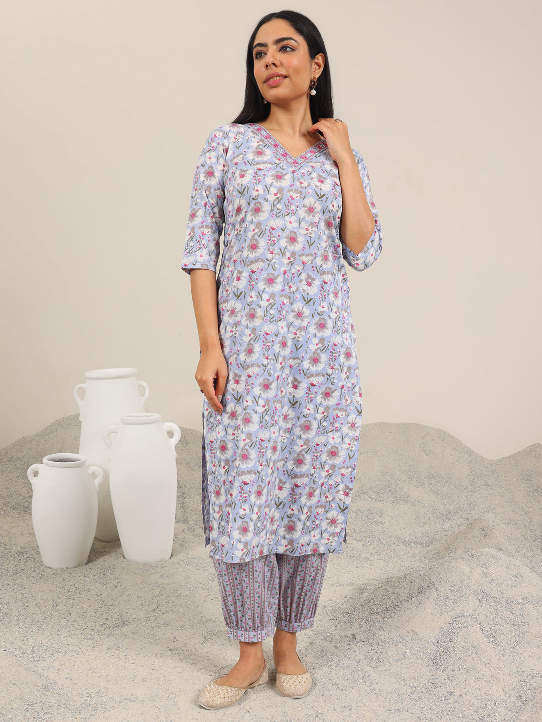  Lavender Printed Cotton Straight Kurta Set 