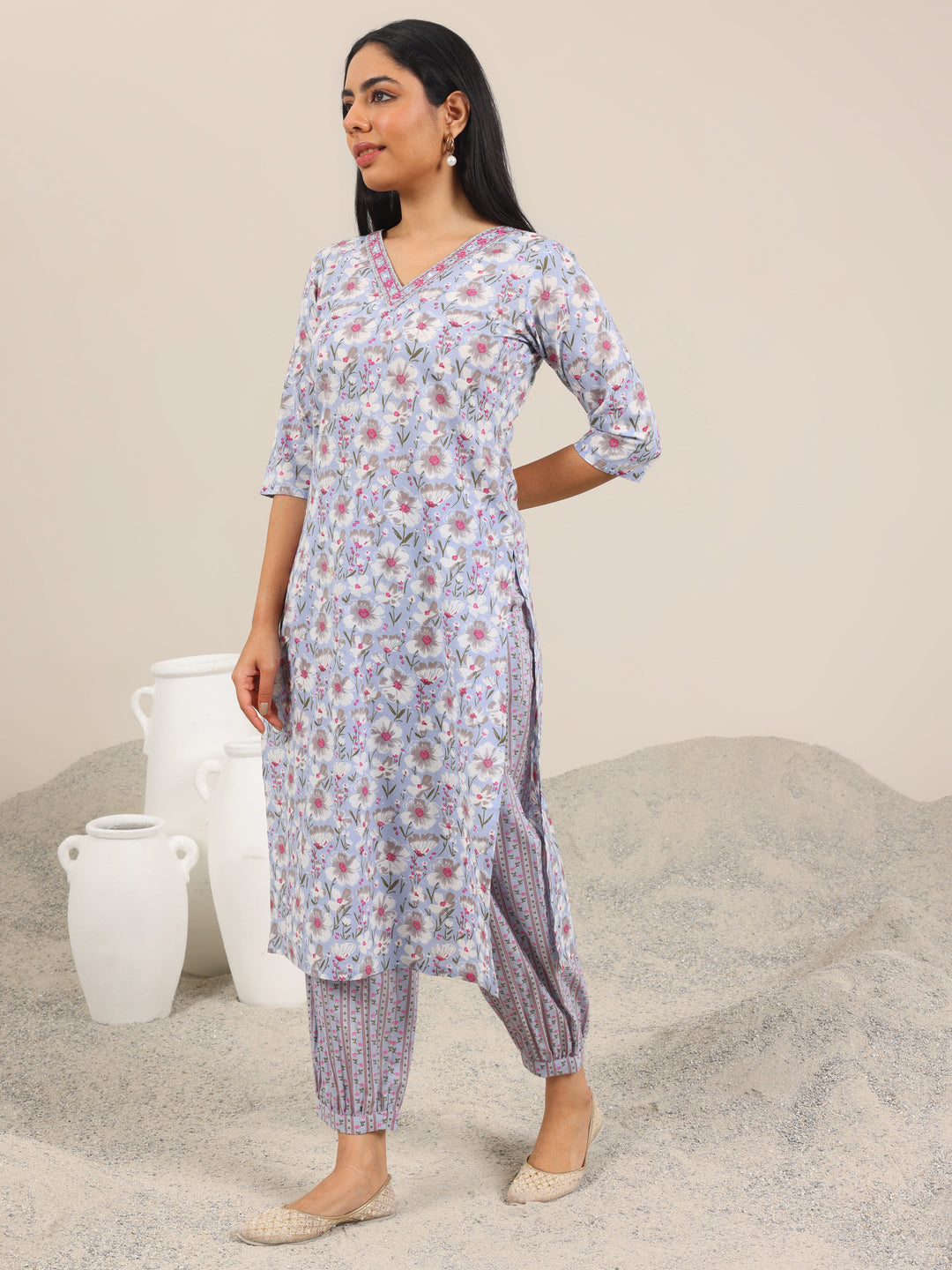  Lavender Printed Cotton Straight Kurta Set 