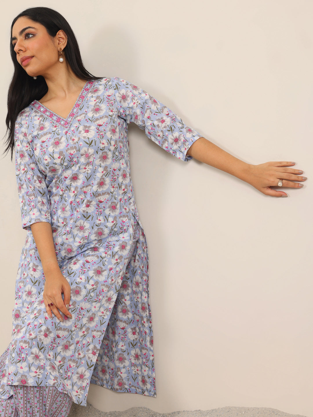  Lavender Printed Cotton Straight Kurta Set 
