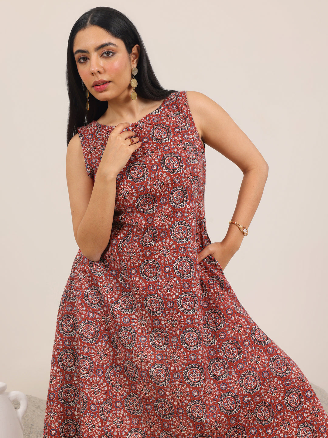  Maroon Printed Cotton A-Line Kurta Set 