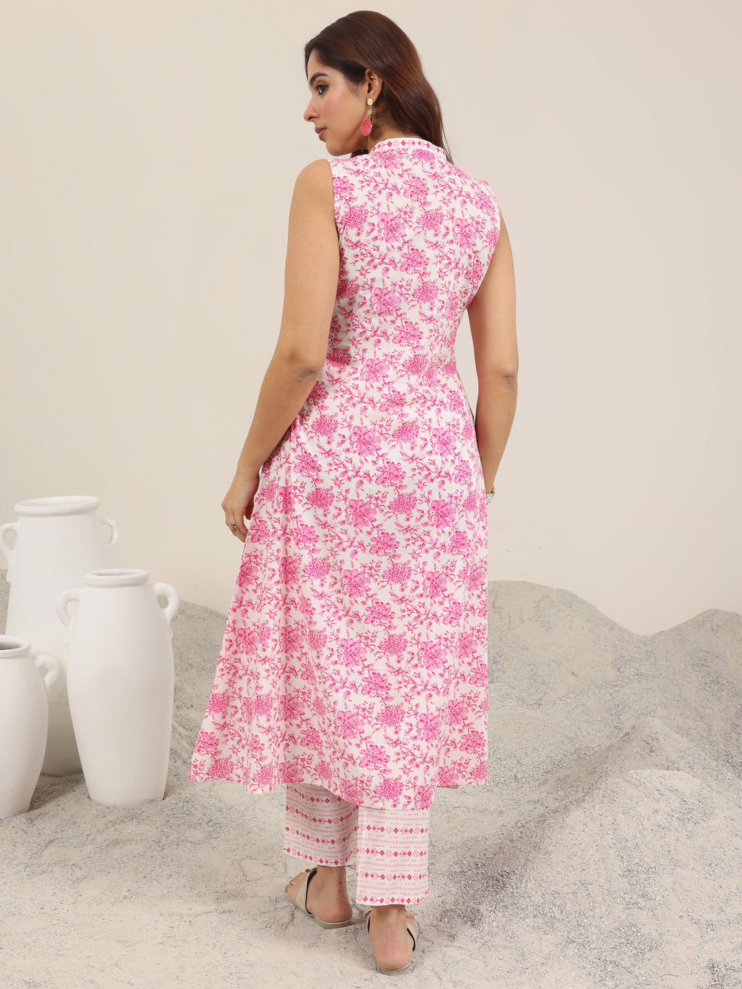  Pink Printed Cotton A-Line Kurta Set 