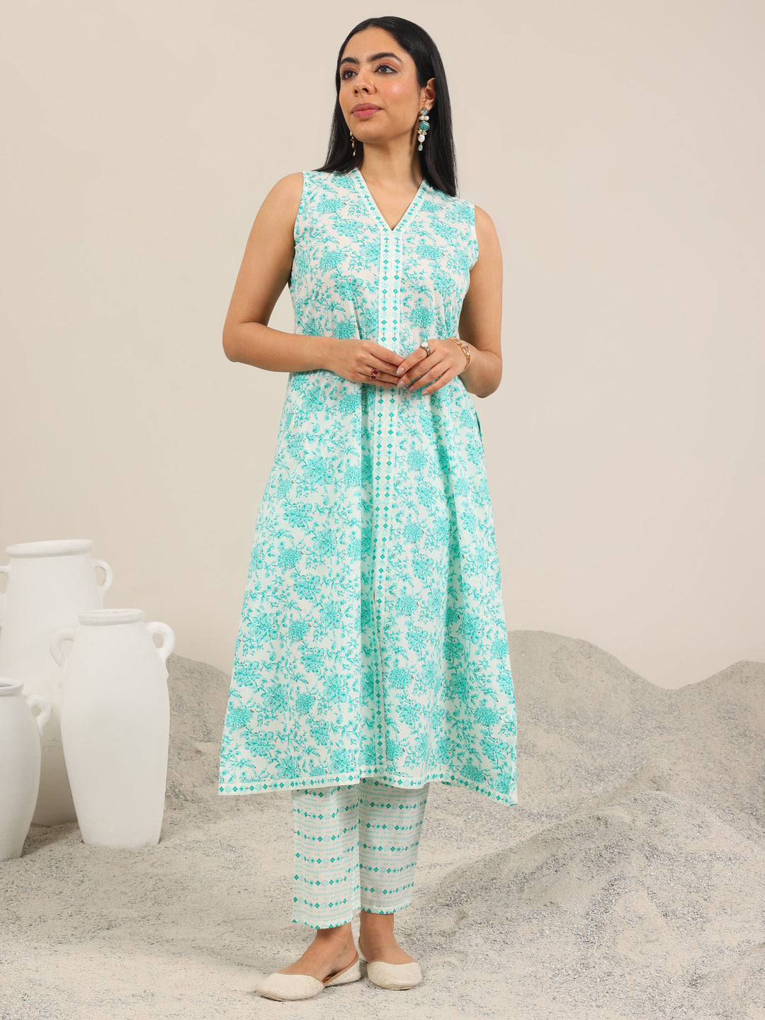  Blue Printed Cotton A-Line Kurta Set 