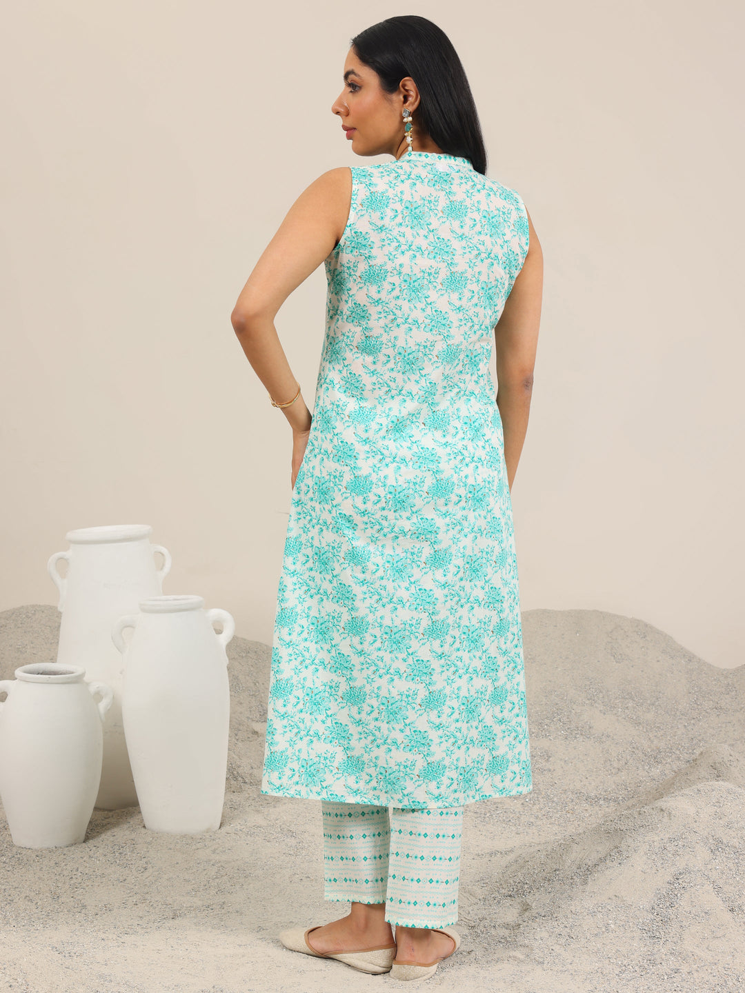  Blue Printed Cotton A-Line Kurta Set 