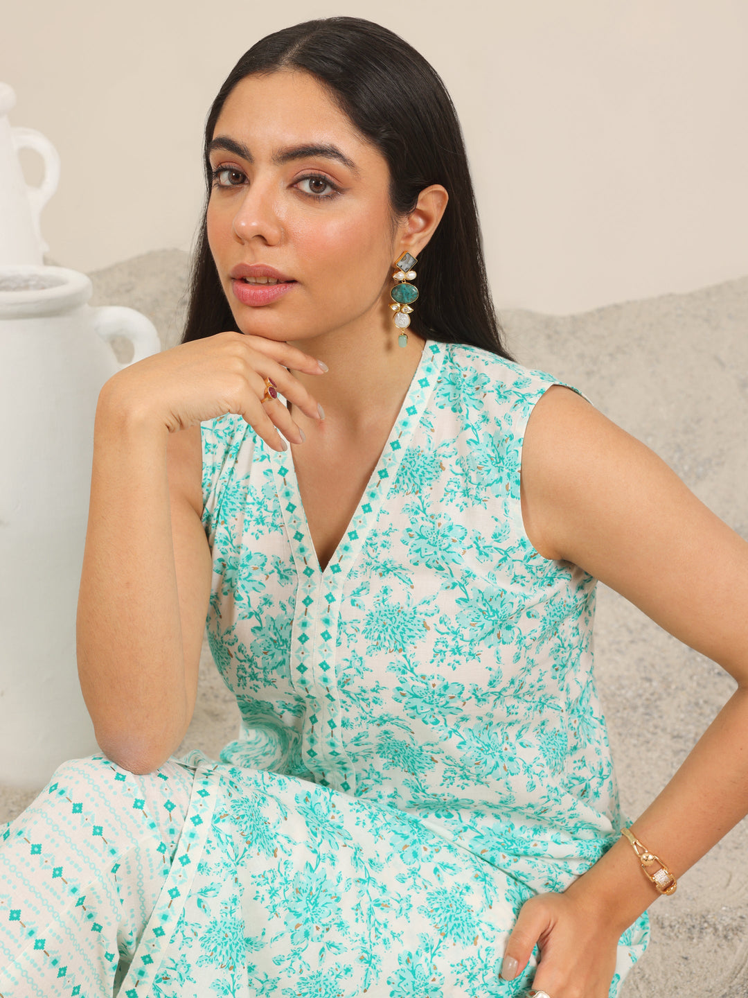  Blue Printed Cotton A-Line Kurta Set 