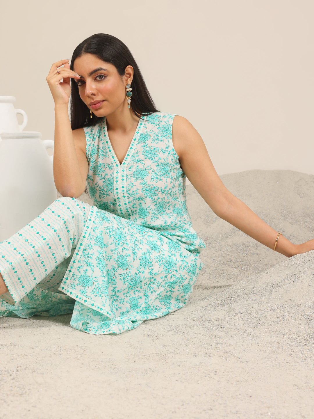  Blue Printed Cotton A-Line Kurta Set 