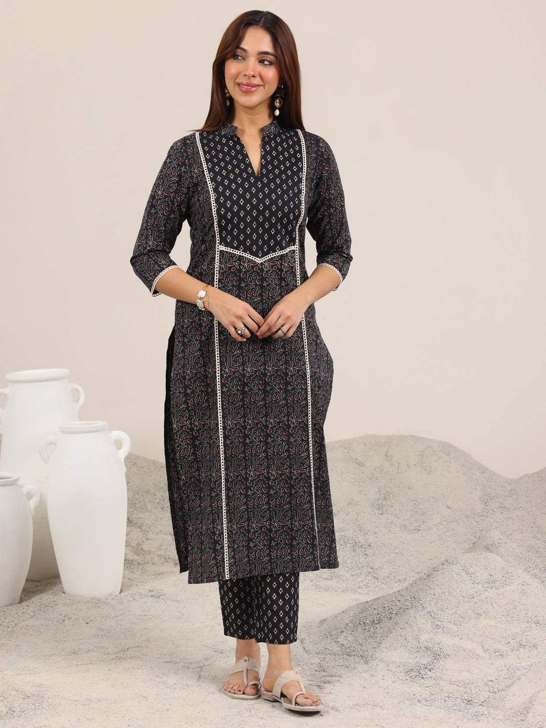  Black Printed Cotton Straight Kurta Set 