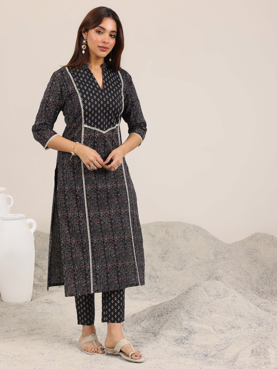  Black Printed Cotton Straight Kurta Set 