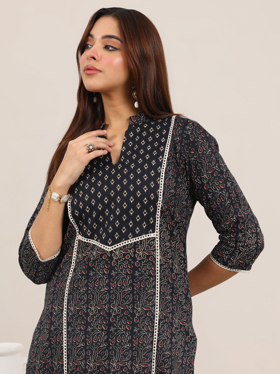  Black Printed Cotton Straight Kurta Set 