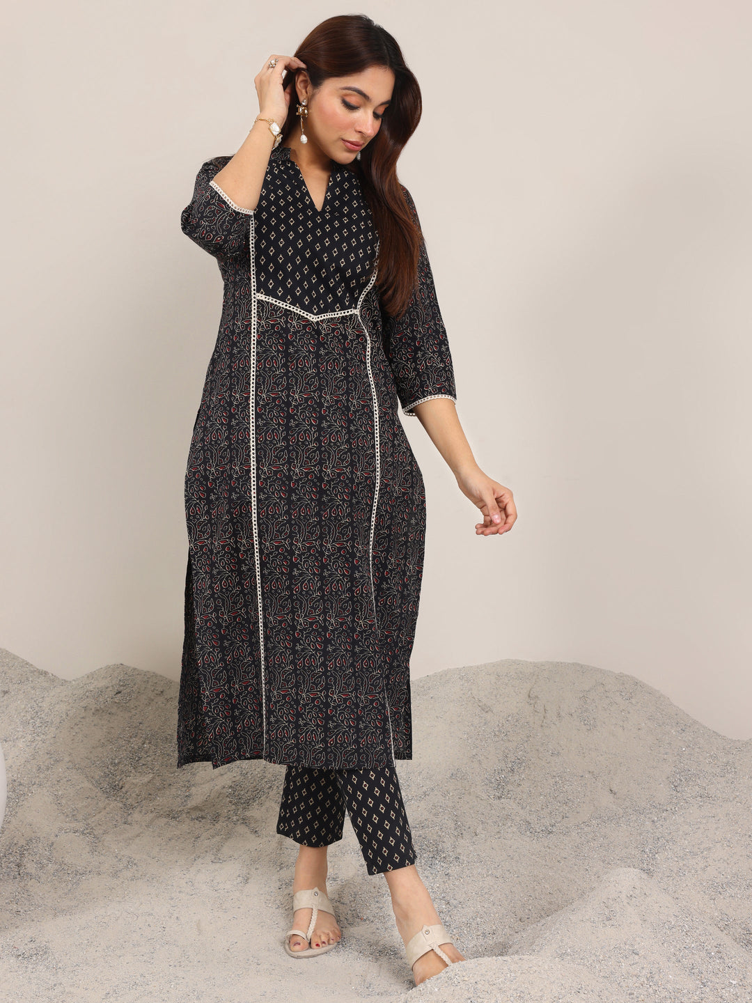 Black Printed Cotton Straight Kurta Set 