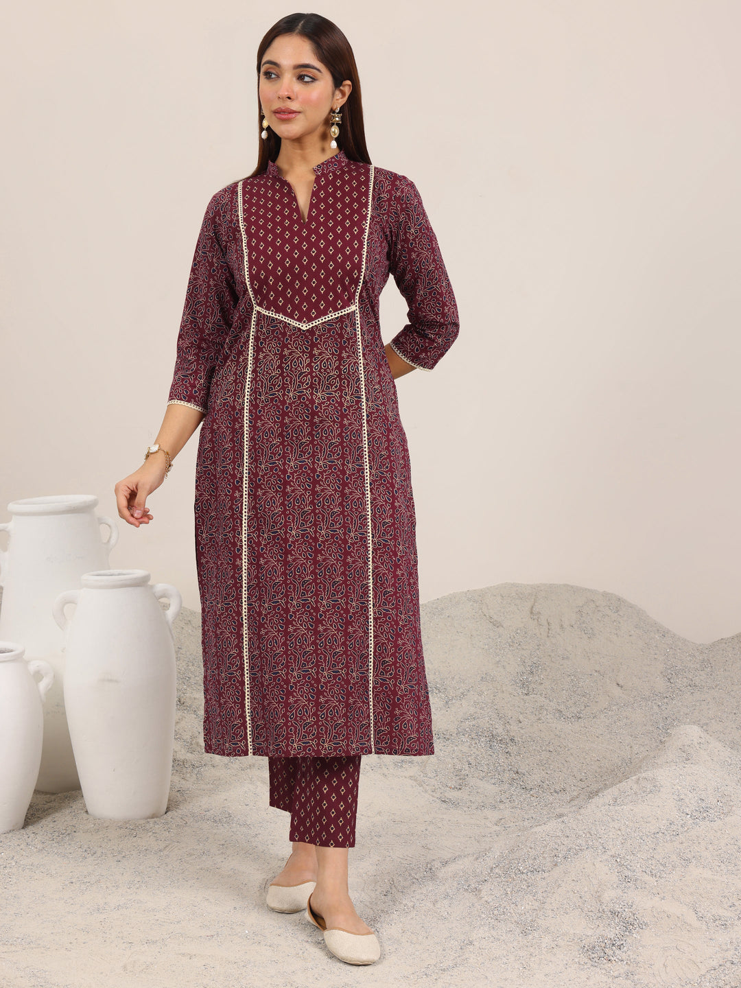  Maroon Printed Cotton Straight Kurta Set 