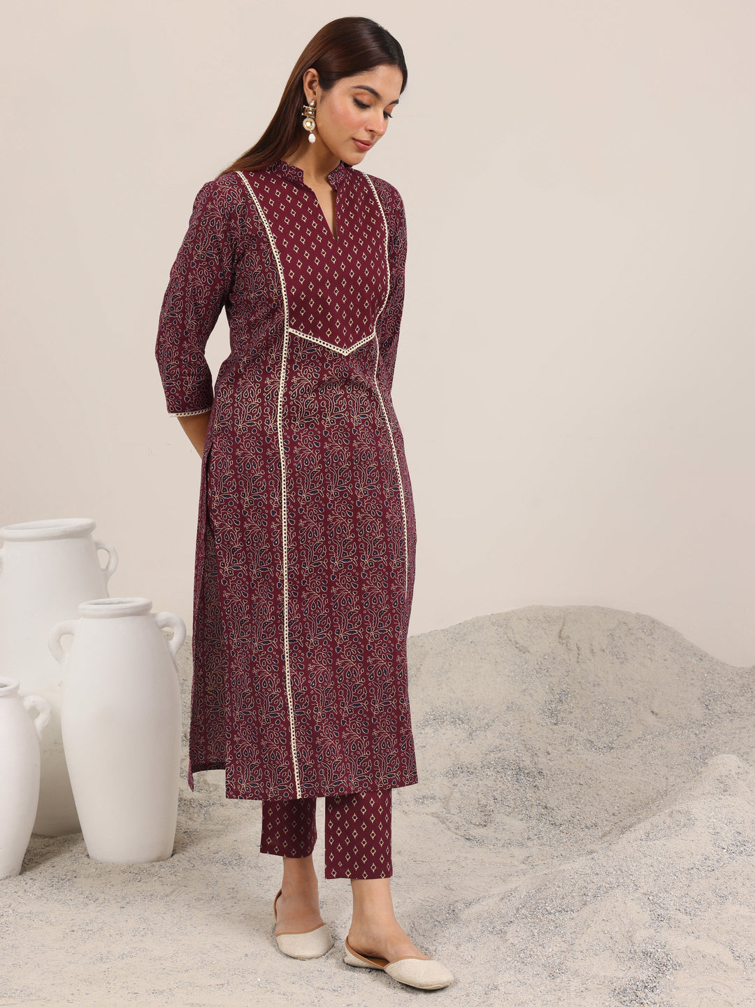  Maroon Printed Cotton Straight Kurta Set 