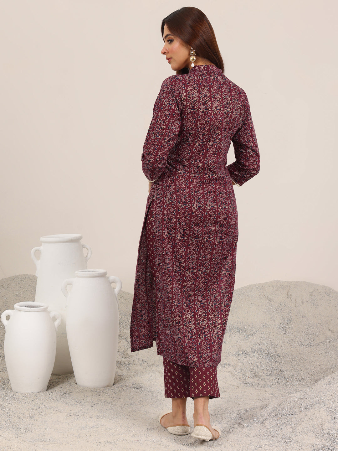  Maroon Printed Cotton Straight Kurta Set 