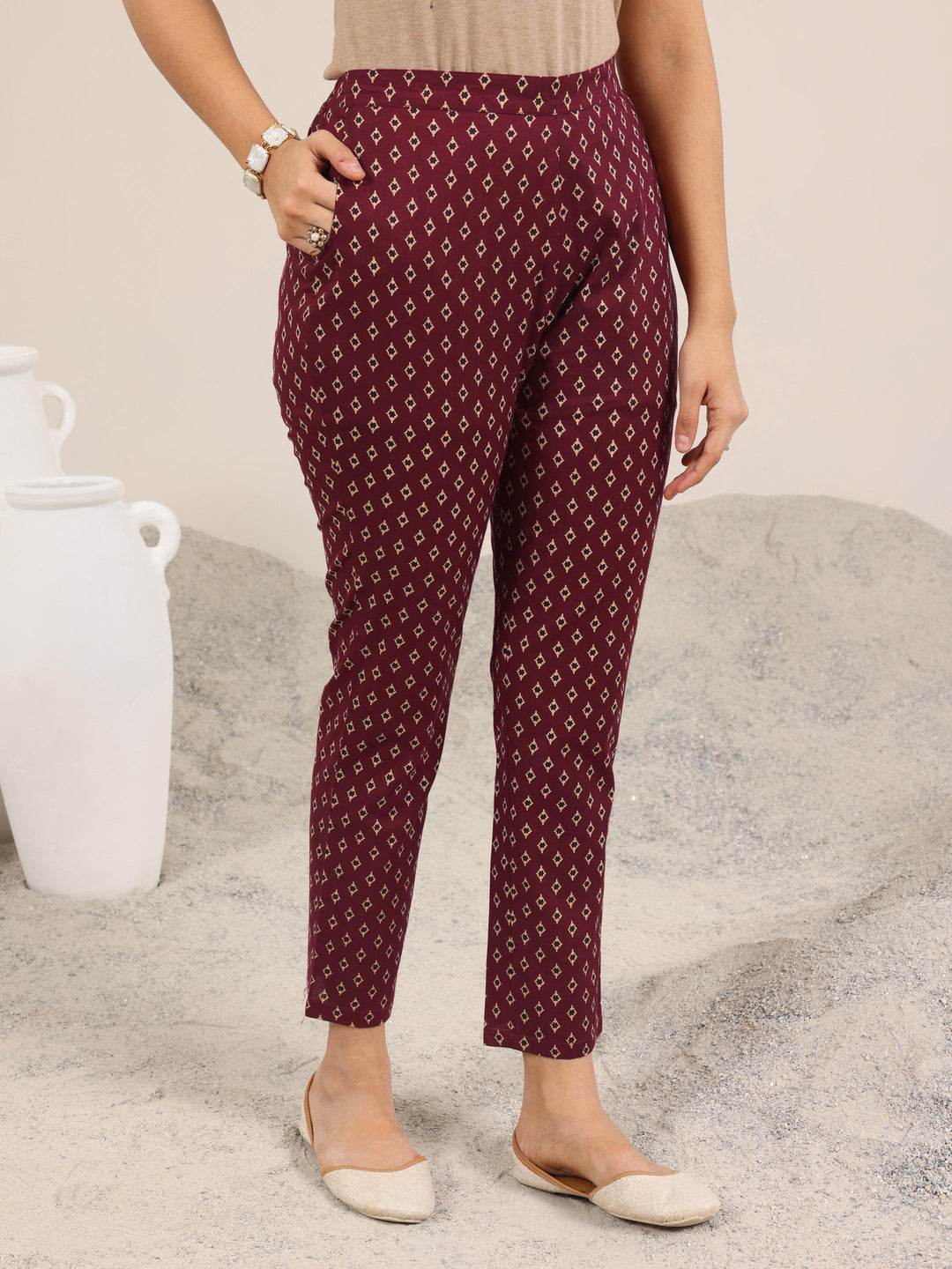  Maroon Printed Cotton Straight Kurta Set 