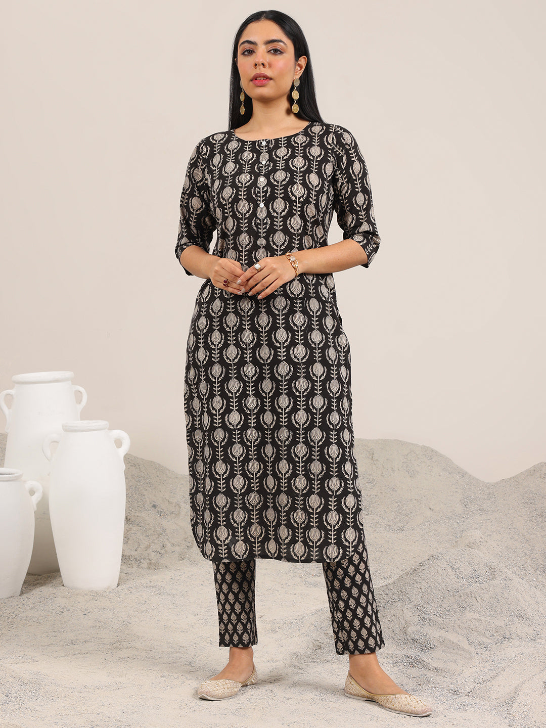  Black Printed Cotton Straight Kurta Set 