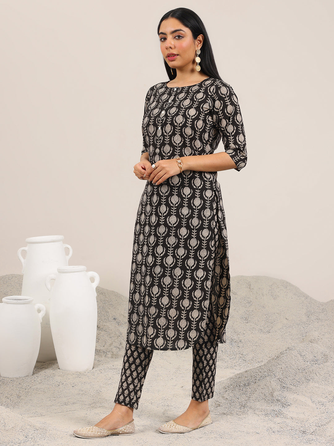  Black Printed Cotton Straight Kurta Set 